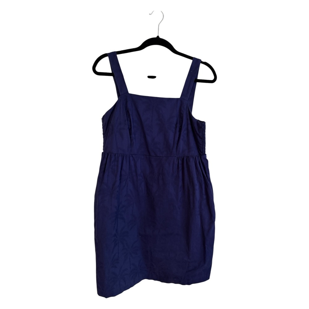Tori Richard Dress Blue 12 Women Smocked Palm Print Cotton Blend Sleeveless Mini